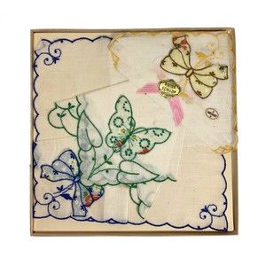 3 Piece Vintage Embroidered Swiss Cotton Handkerchiefs Butterflies Bows